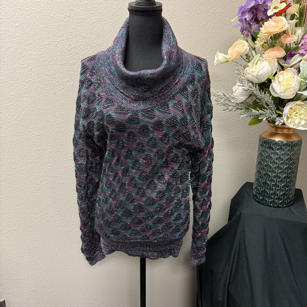 Oriana Italia Multicolor Cowl Neck Knit Sweater Metallic Thread Size M